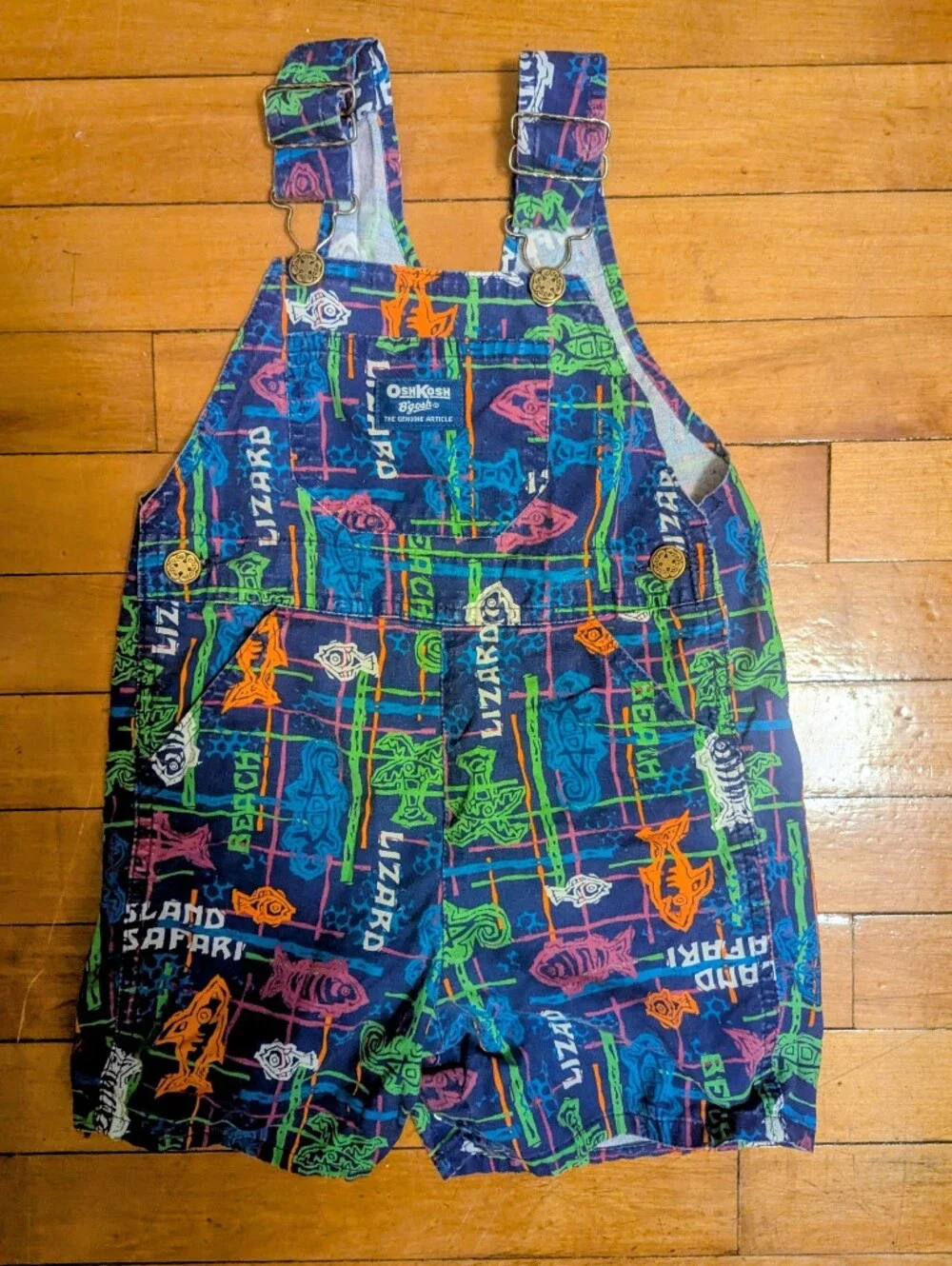 Vintage 90s Oshkosh B'gosh Neon Colorful Boys Reptile Lizard Shortalls 3T Rare